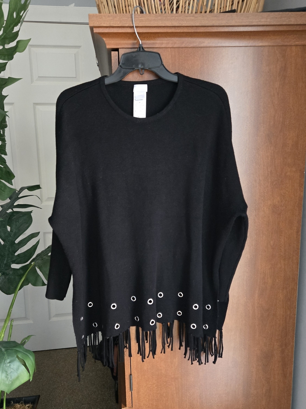 Chico's Black Sweater with Fringe and Eyelet Trim